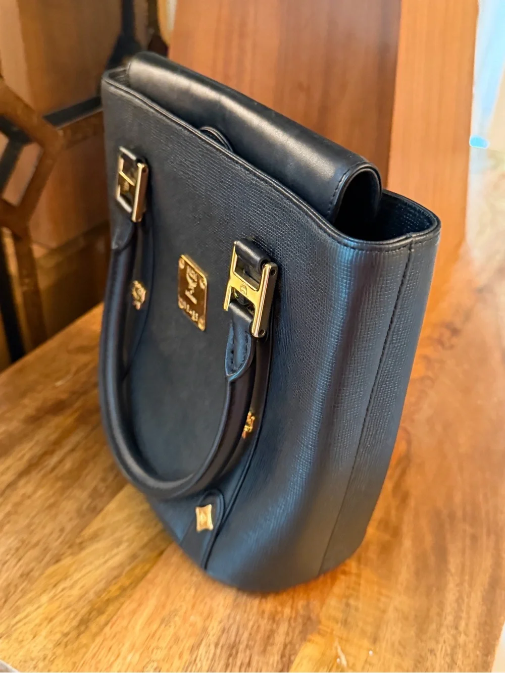 MCM Black Leather satchel zipper Tote with Gold charms + gold Logo Plaque C2072